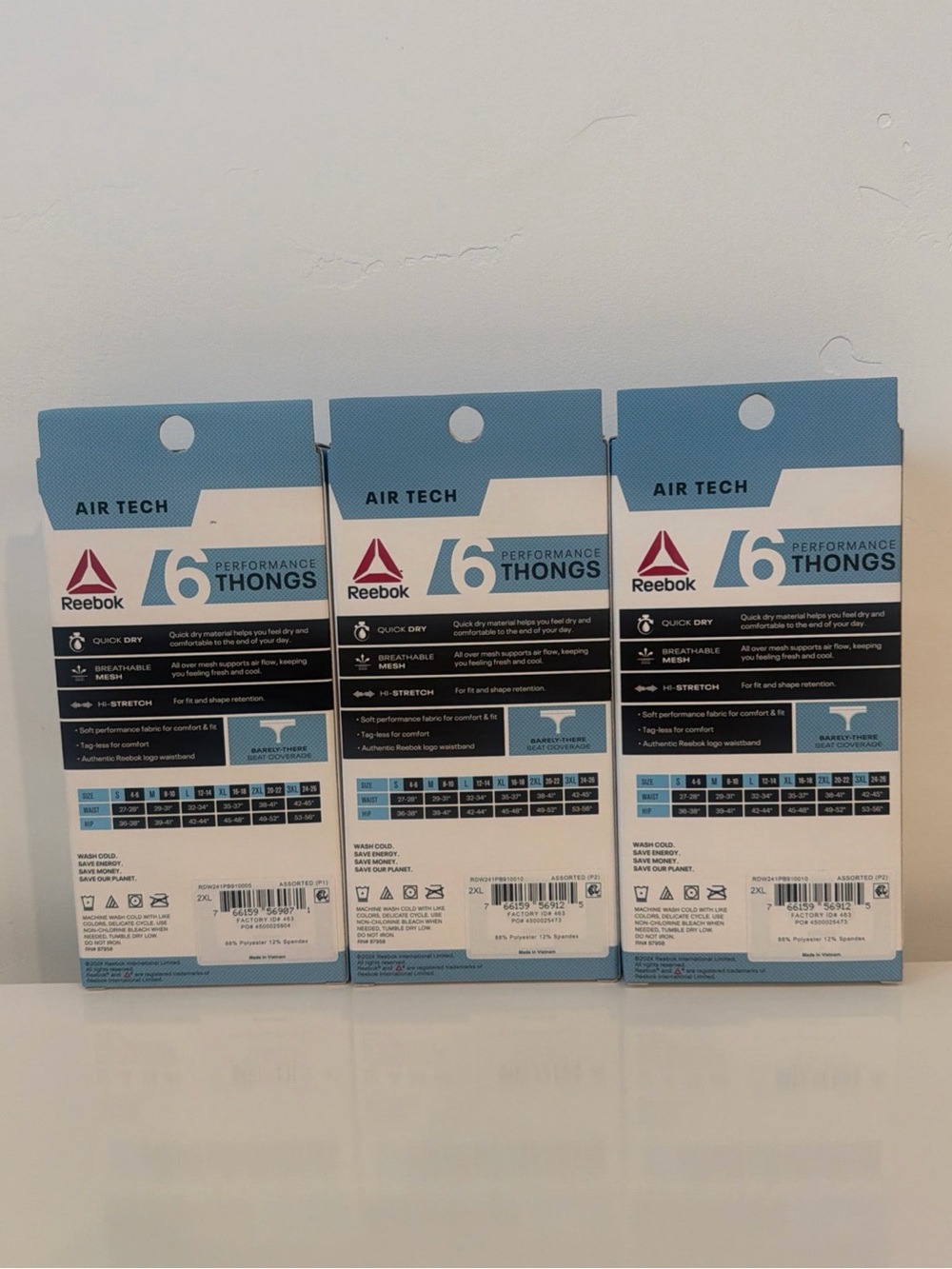 Lot of 3 pack Reebok Air Tech 6Pack Performance Thongs-Light Blue, White, Black - Picture 3 of 4